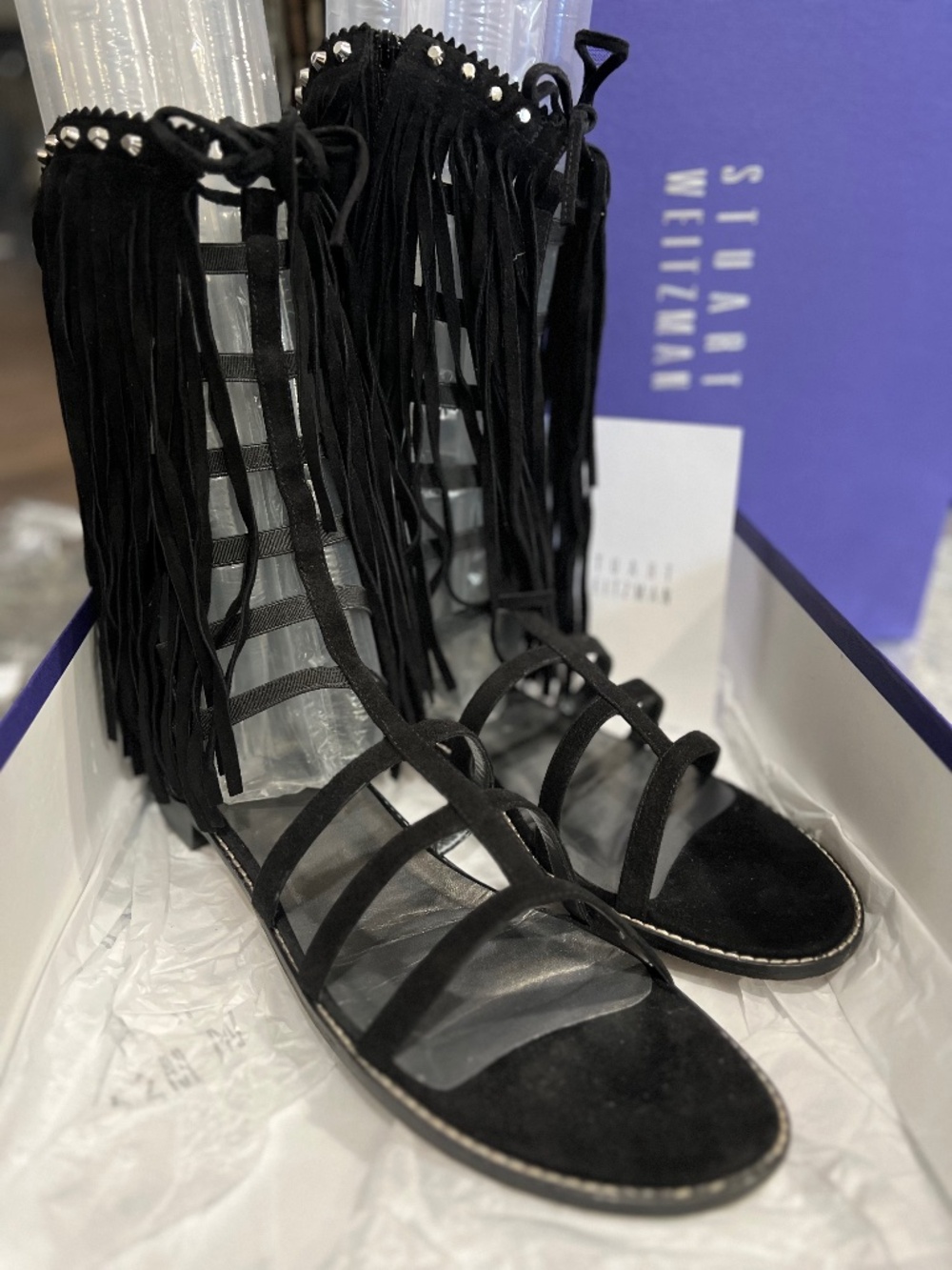 STUART WEITZMAN FRINGE BLASUE 11.5 MED BLACK SUEDE SANDAL